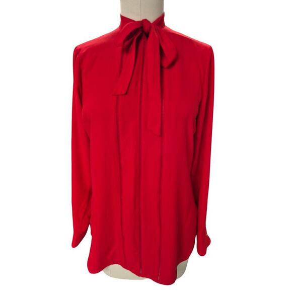 NWT Lauren Ralph Lauren 100% Polyester Cherry Red Blouse Zip Back Tie Neck Sz 12 - Picture 1 of 4